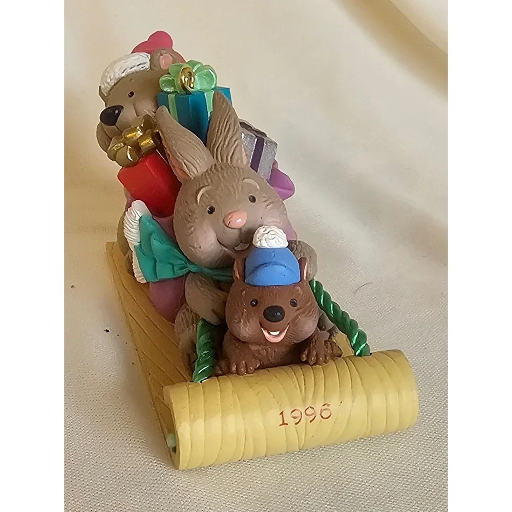 VTG Hallmark Keepsake Ornament 1996 Multicolor Bear Bunny Beaver Sledding